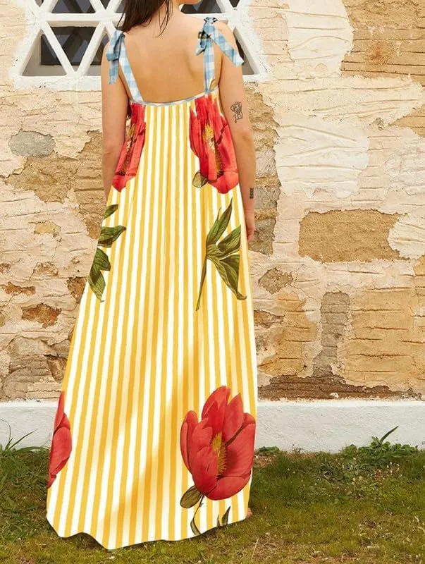 Women Tie Shoulder Floral Boho Maxi Dress Sleeveless Flowy Tiered A Line Dress Summer Vocation Graffiti Beach Sundress