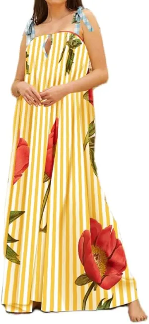 Women Tie Shoulder Floral Boho Maxi Dress Sleeveless Flowy Tiered A Line Dress Summer Vocation Graffiti Beach Sundress