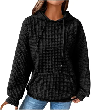 Women Waffle Casual Hoodie Long Sleeves Fashion Drawstring Pullover Sweatshirts Loose Fit Tunic Winter Tops Comy Shirt