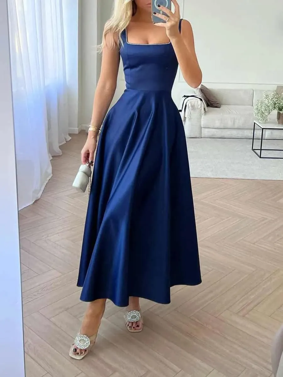 Women Y2k Square Neck Long Dress Low Cut Sleeveless Midi Dress Bustier Lace Trim Spaghetti Strap Going Out Swing Sundress