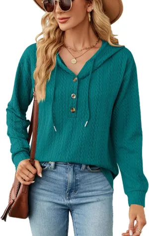 Women's 2023 Fall Fashion V Neck Button Down Hoodies Loose Pullover Hooded Sweatshirts Tops