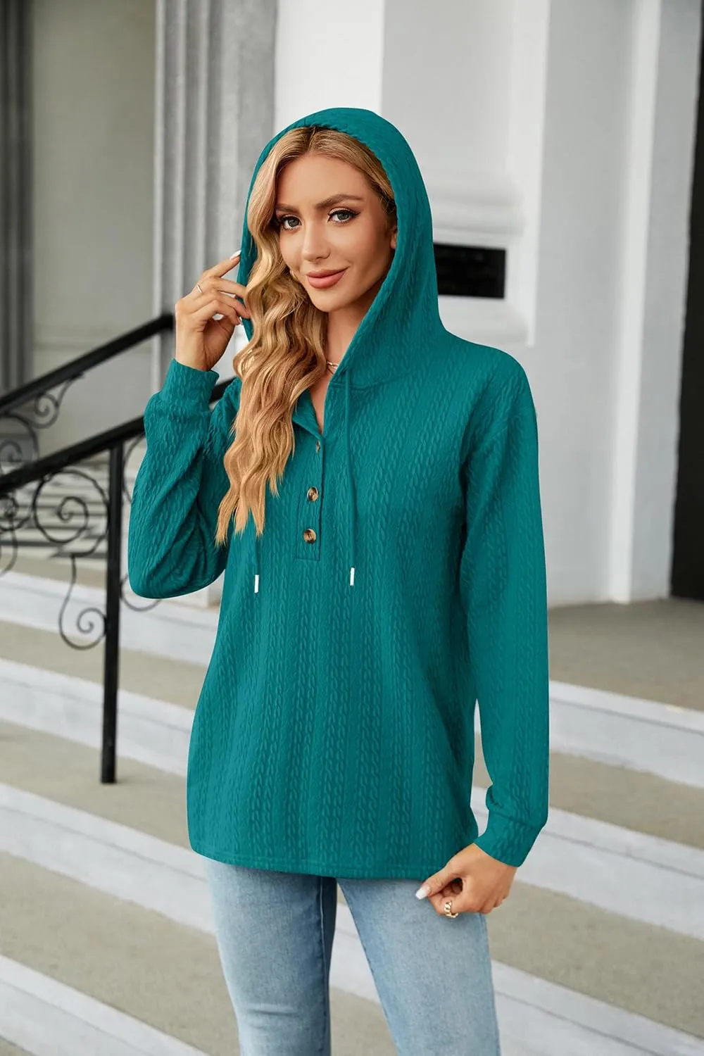 Women's 2023 Fall Fashion V Neck Button Down Hoodies Loose Pullover Hooded Sweatshirts Tops