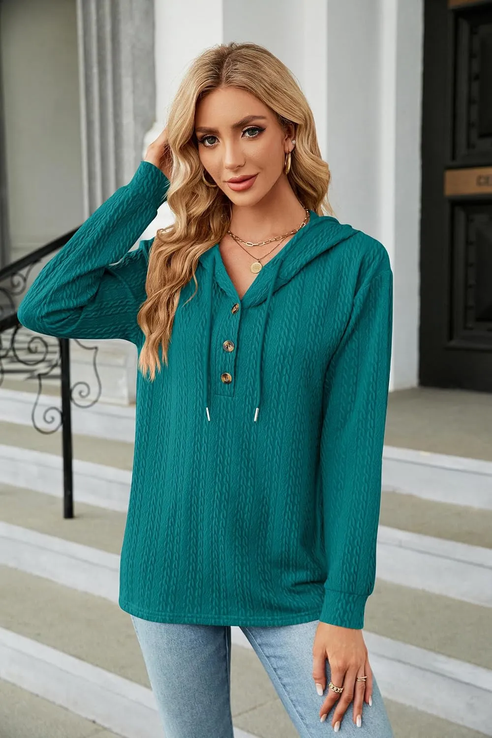 Women's 2023 Fall Fashion V Neck Button Down Hoodies Loose Pullover Hooded Sweatshirts Tops