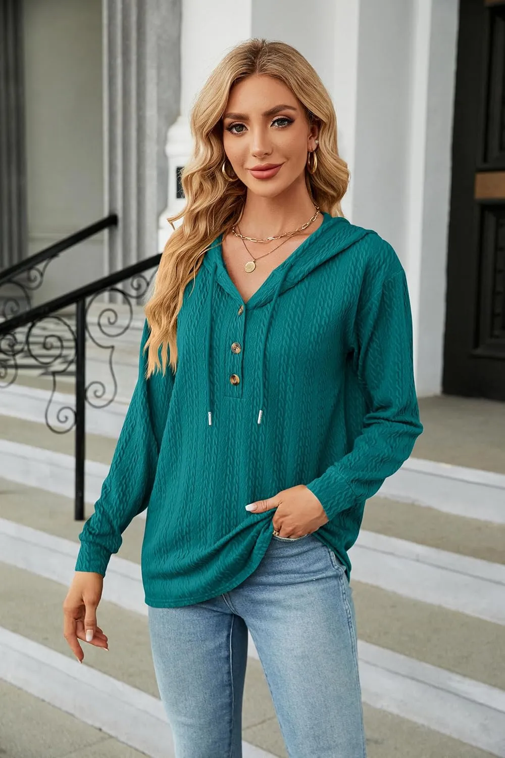 Women's 2023 Fall Fashion V Neck Button Down Hoodies Loose Pullover Hooded Sweatshirts Tops
