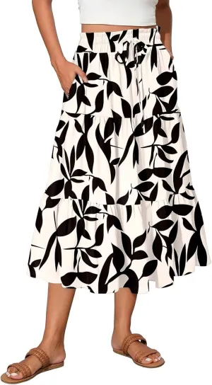 Women's 2025 Bohemian Summer Skirts High Waist Pleated A Line Flowy Midi Skirts with Pocket, S-2XL