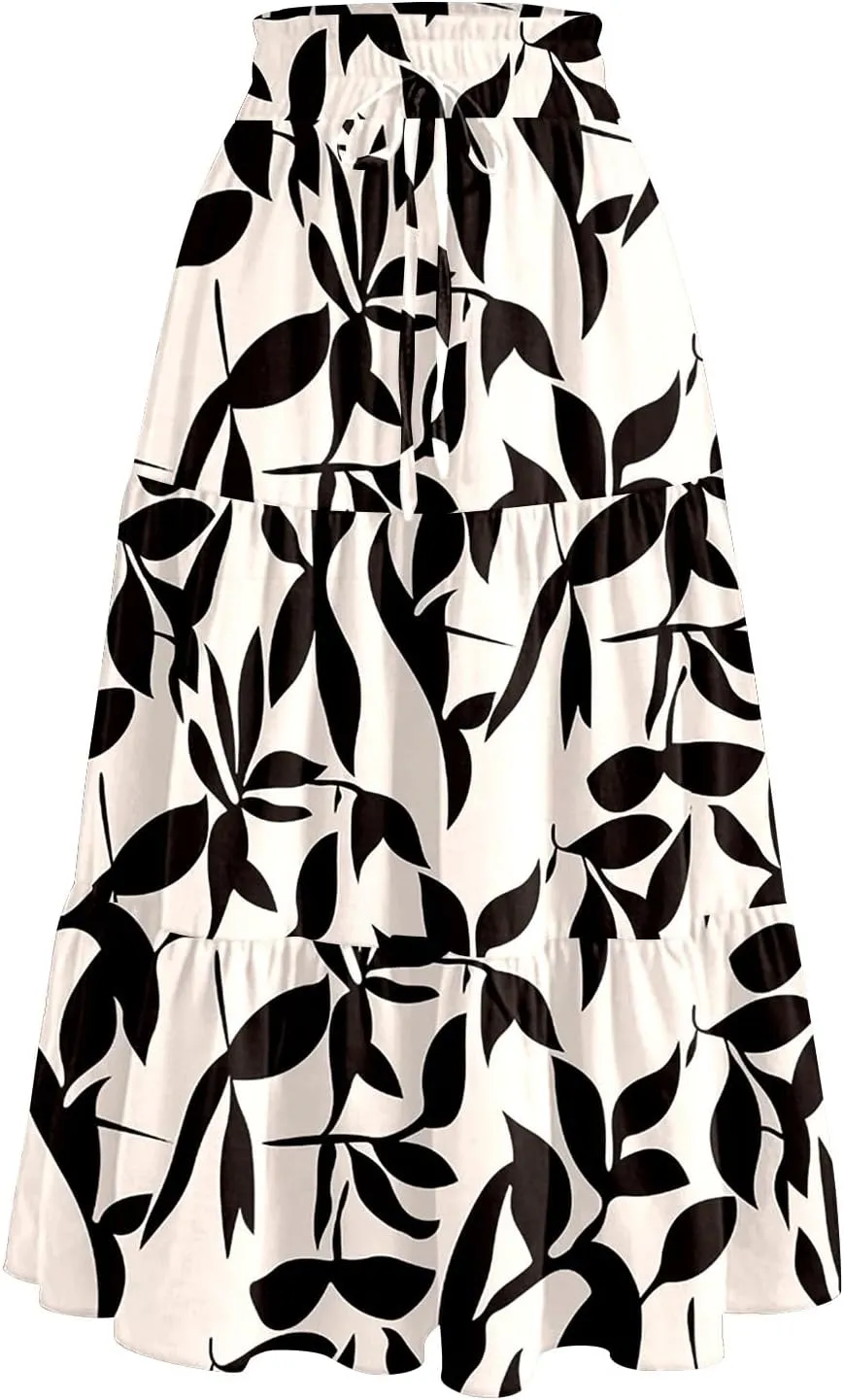 Women's 2025 Bohemian Summer Skirts High Waist Pleated A Line Flowy Midi Skirts with Pocket, S-2XL