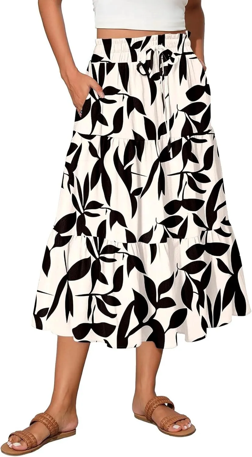 Women's 2025 Bohemian Summer Skirts High Waist Pleated A Line Flowy Midi Skirts with Pocket, S-2XL