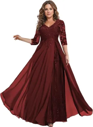 Womens 3/4 Sleeve A Line Mother of The Bride Dresses V Neck Sequins Lace Chiffon Wedding Guest Dress Formal Gown