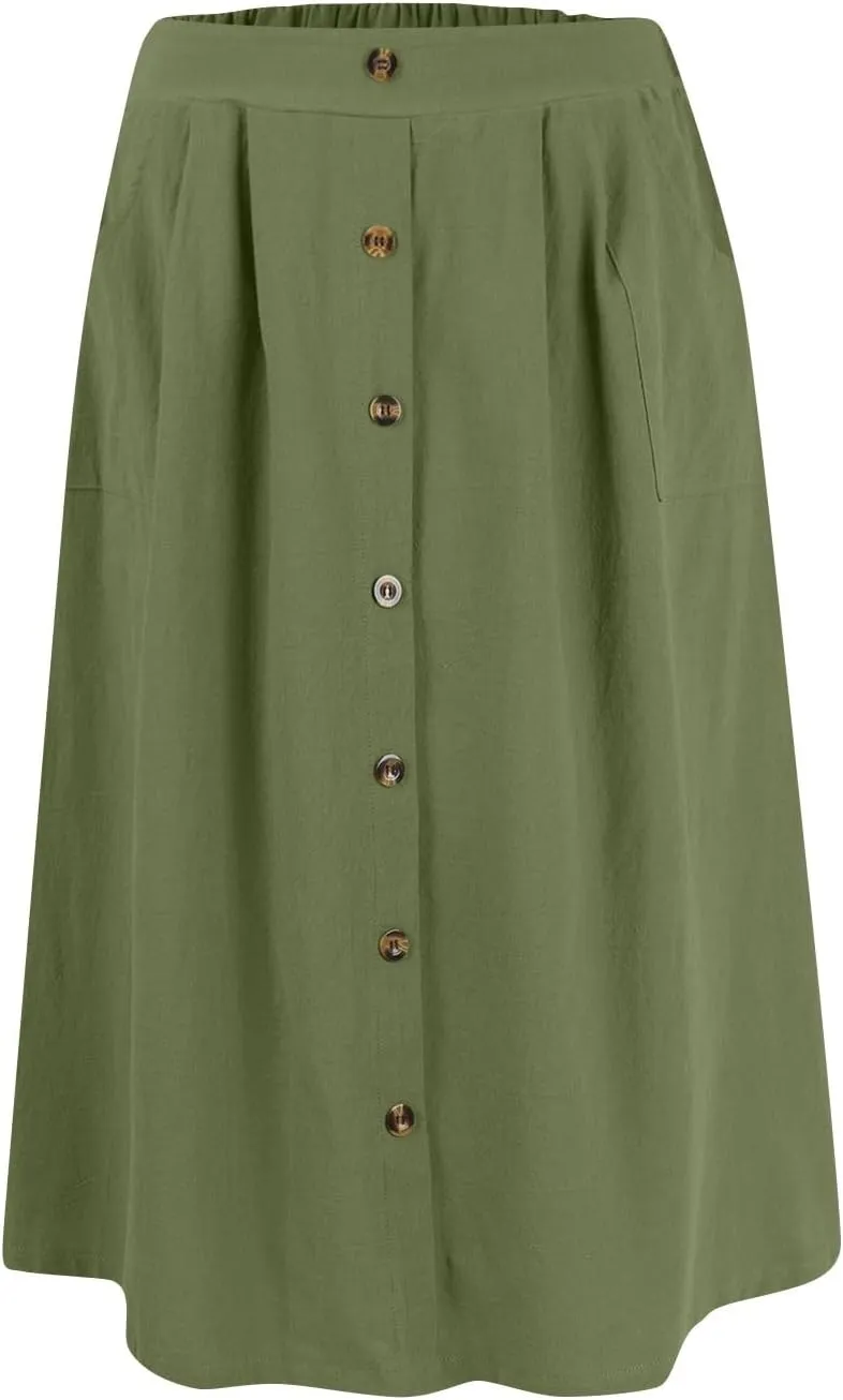Womens A Line Midi Skirt Vintage Front Button Swing Skirt Summer Casual High Waisted Pleated Midi Skirt with Pockets