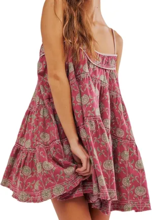 Women's Adjustable Spaghetti Strap Mini Dress Summer Boho Printed Floral Dresses Short Sundress with Pockets