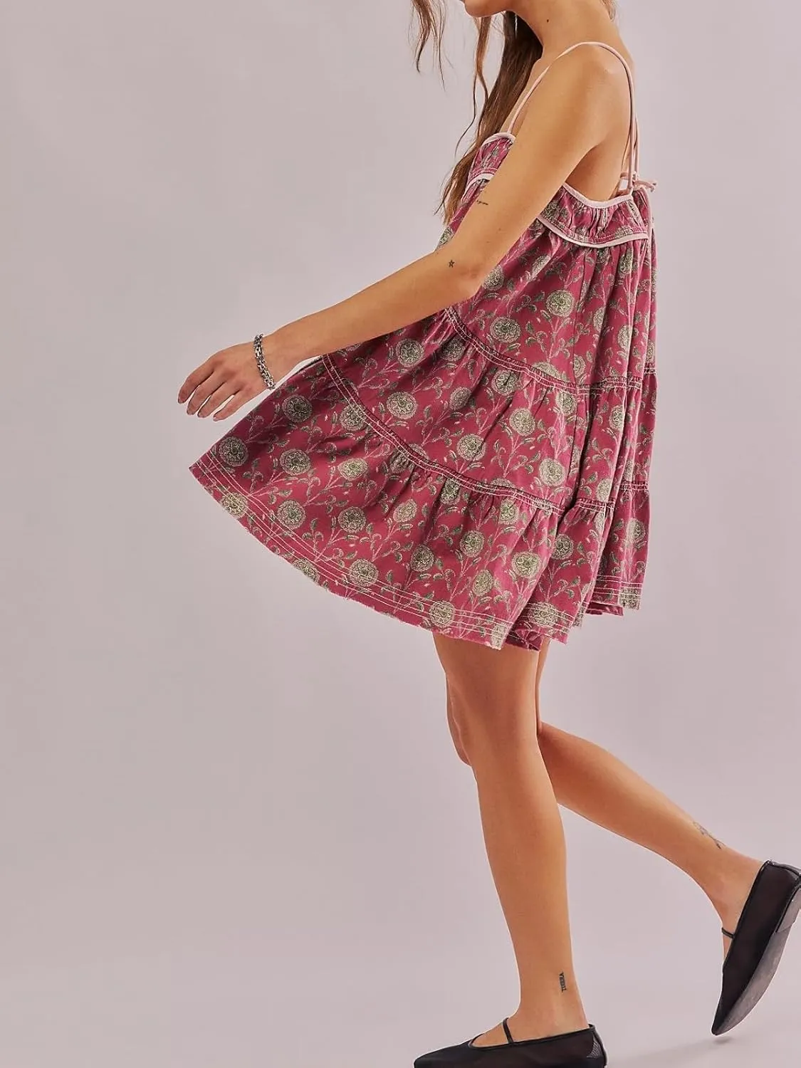 Women's Adjustable Spaghetti Strap Mini Dress Summer Boho Printed Floral Dresses Short Sundress with Pockets