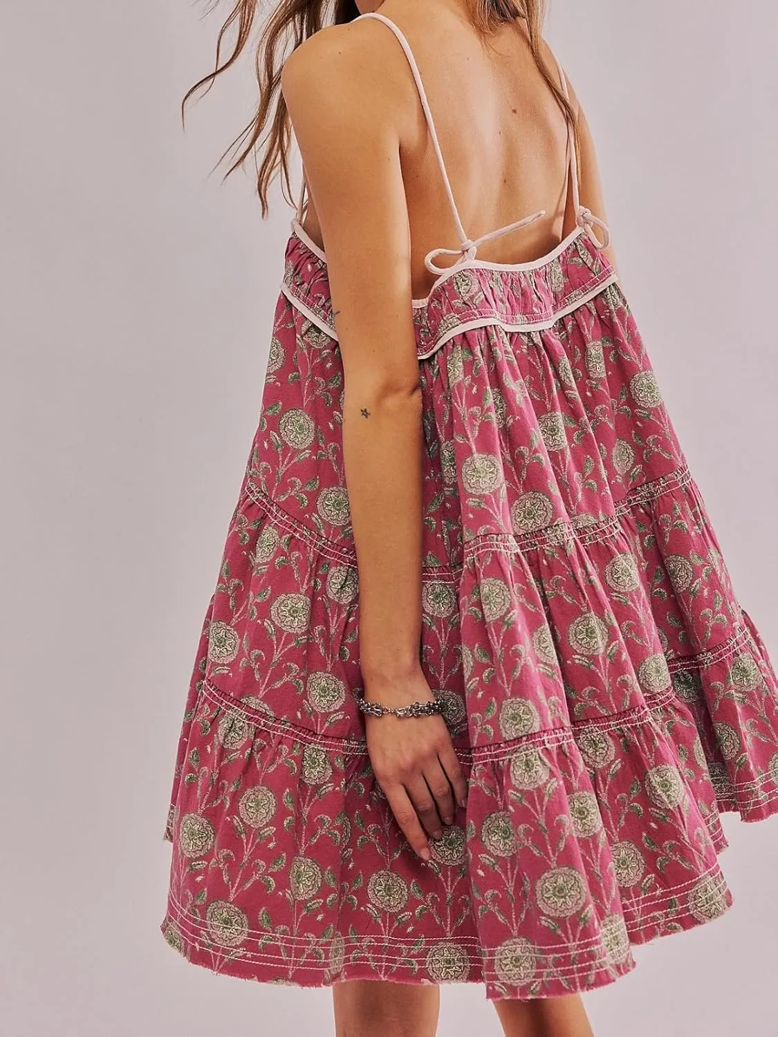 Women's Adjustable Spaghetti Strap Mini Dress Summer Boho Printed Floral Dresses Short Sundress with Pockets