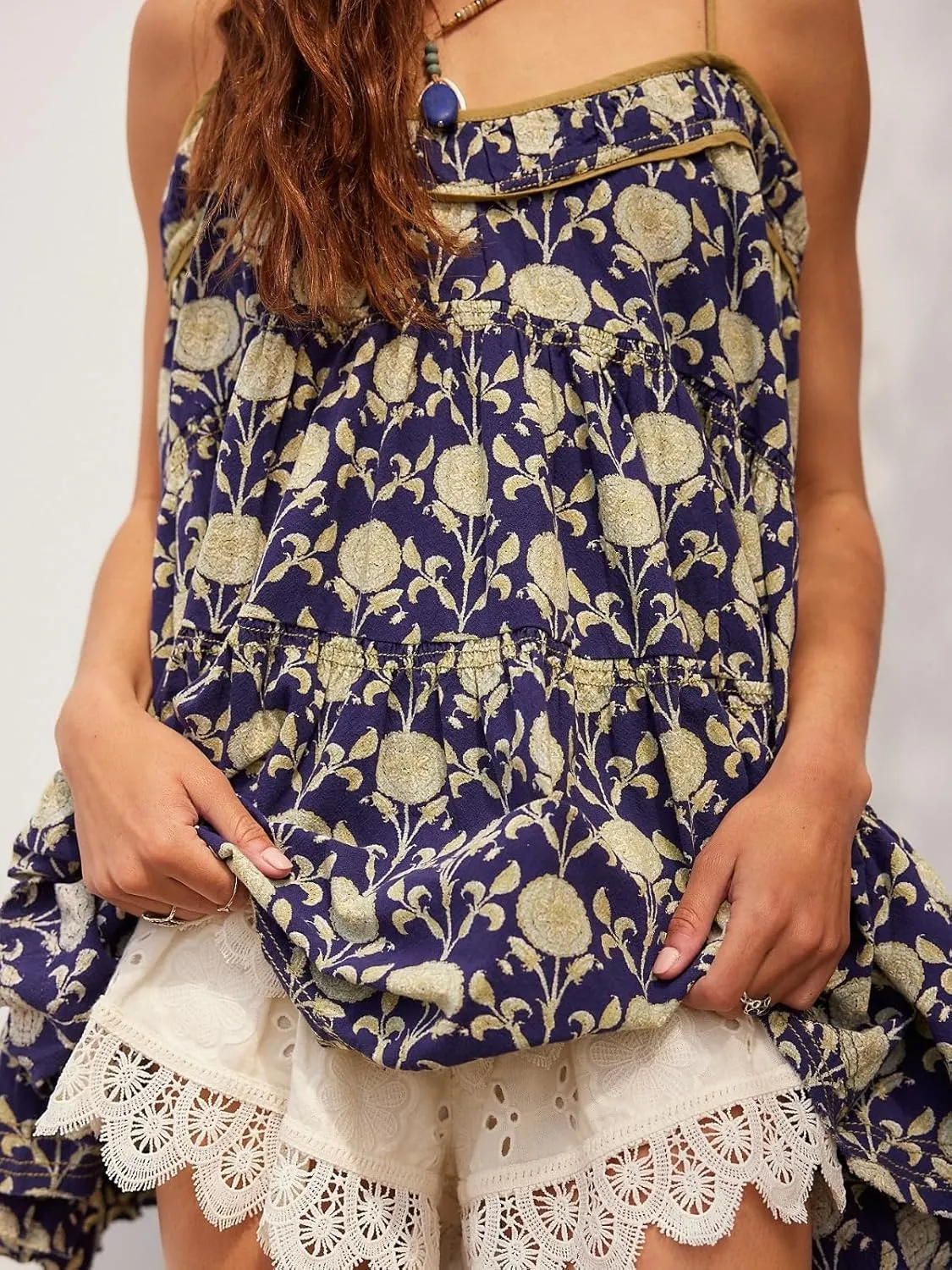 Women's Adjustable Spaghetti Strap Mini Dress Summer Boho Printed Floral Dresses Short Sundress with Pockets