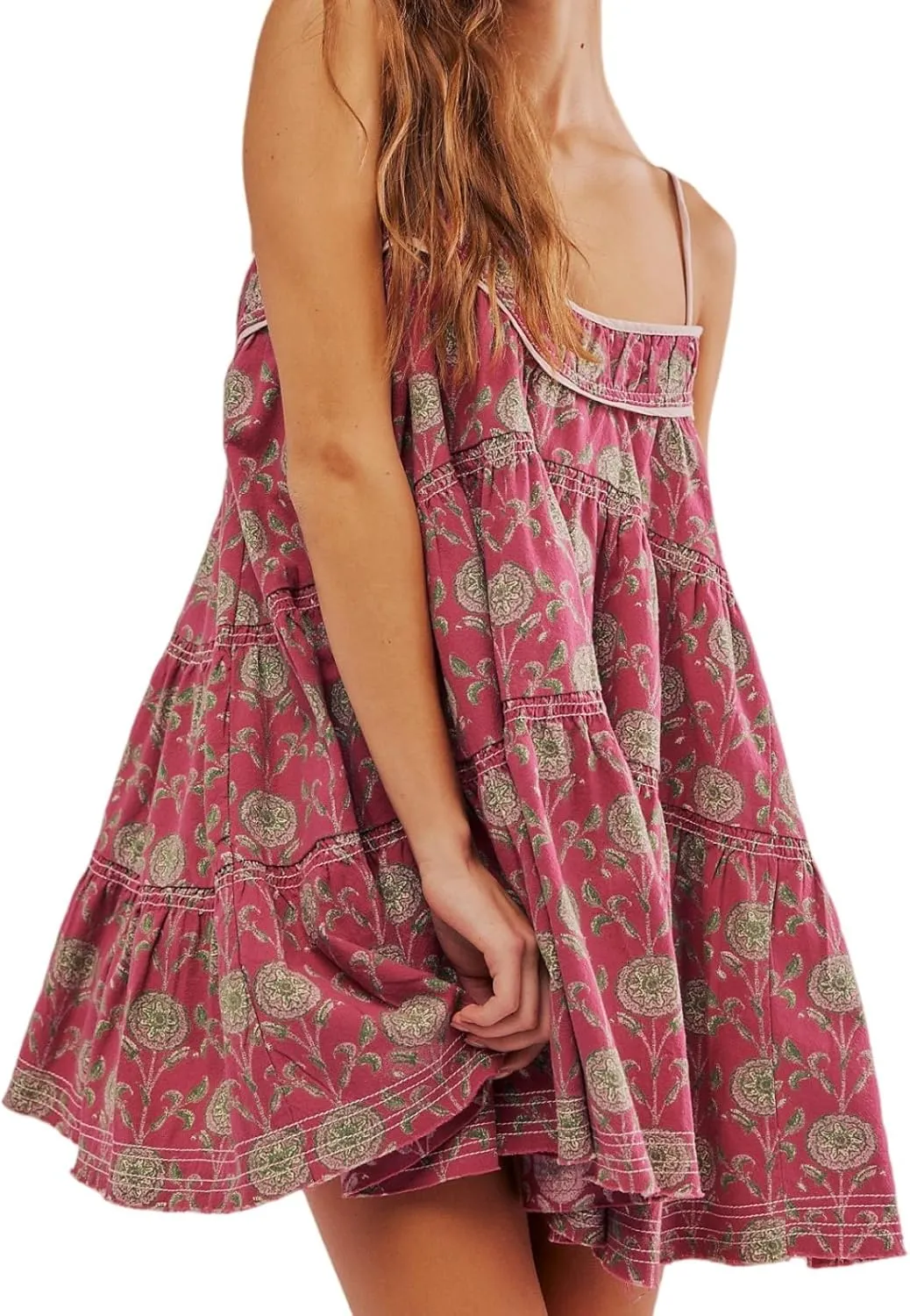 Women's Adjustable Spaghetti Strap Mini Dress Summer Boho Printed Floral Dresses Short Sundress with Pockets