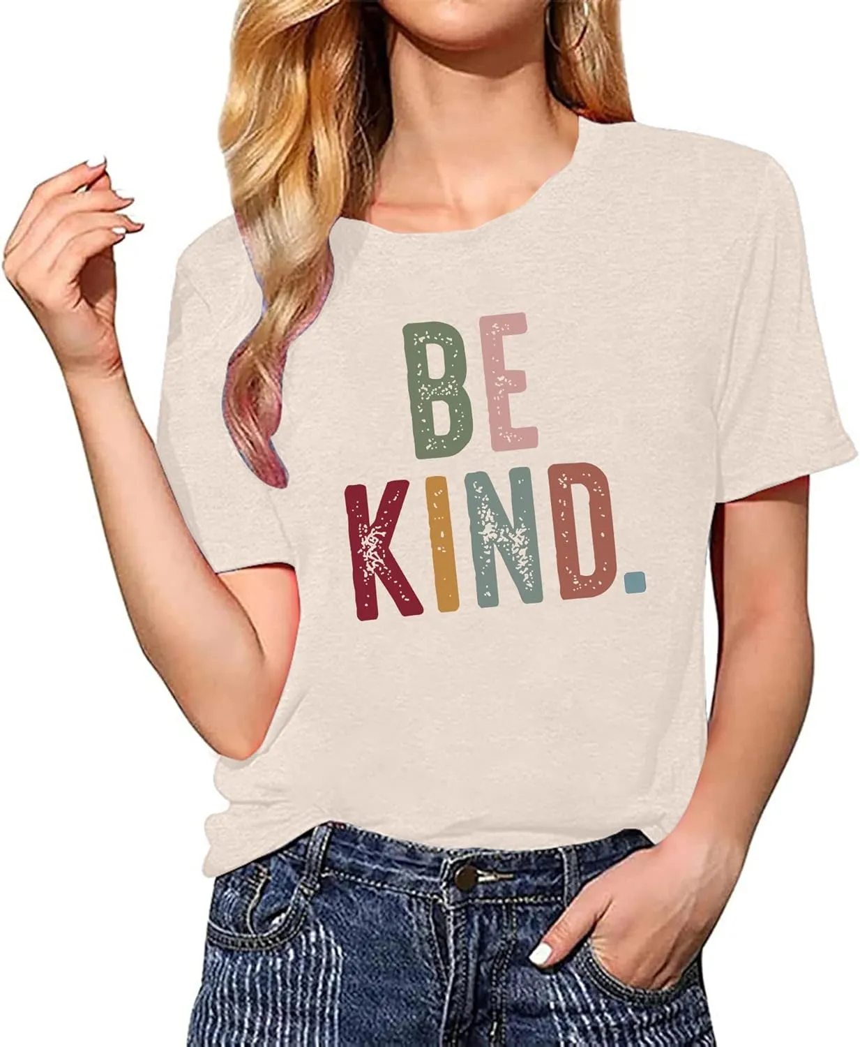 Women's Be Kind Shirt Graphic Tees Short Sleev Loose Fit Tshirts Cute Casual Summer Tops Teacher Shirts Beige L