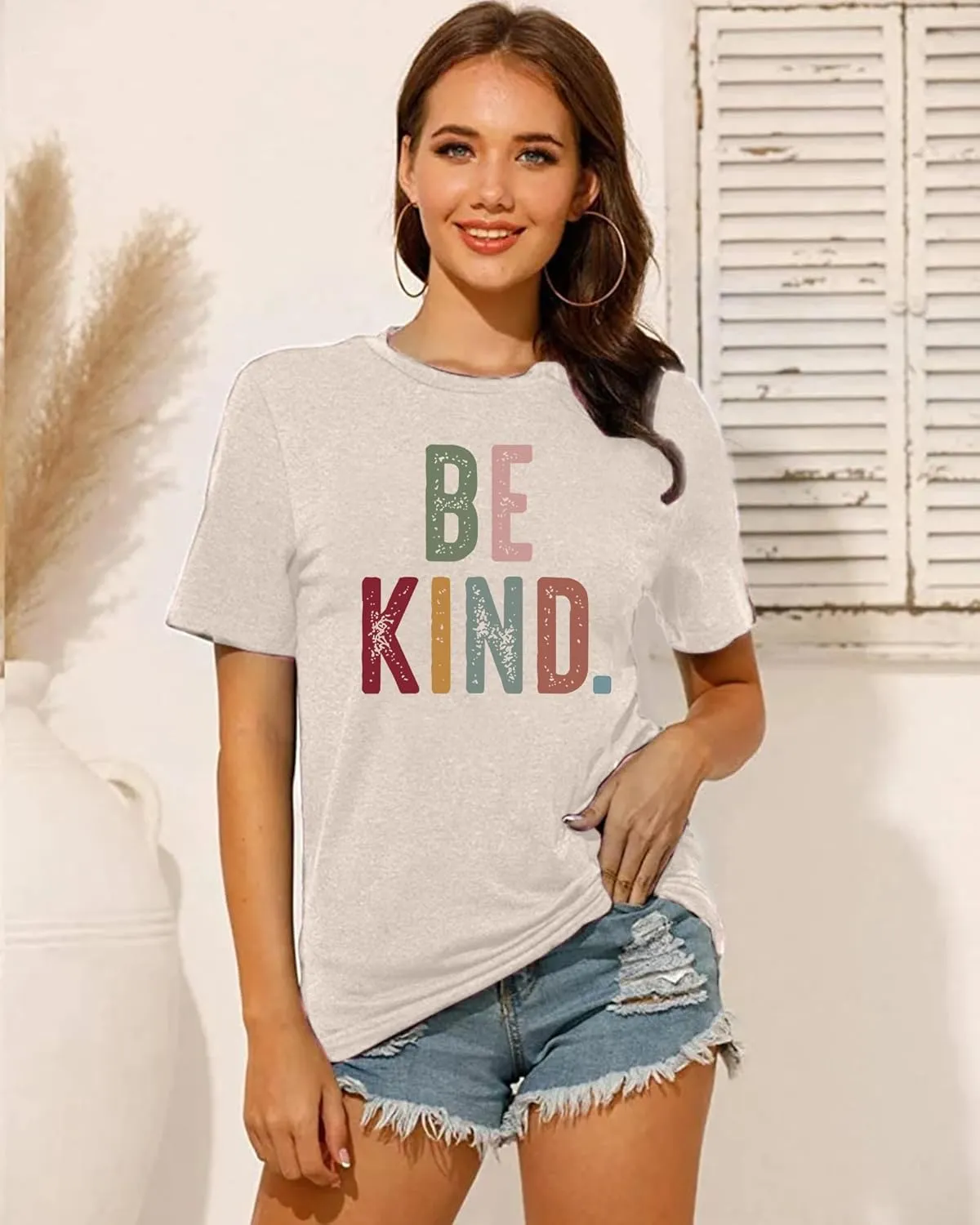 Women's Be Kind Shirt Graphic Tees Short Sleev Loose Fit Tshirts Cute Casual Summer Tops Teacher Shirts Beige L