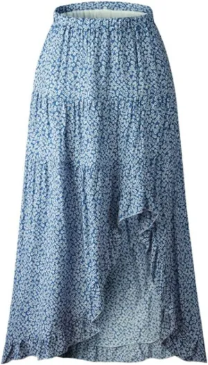 Women's Boho Floral Wrap Maxi Skirt Elastic Tiered Ruffle Polka Dot Pleated Midi Skirt High Waisted Long Swing Skirt