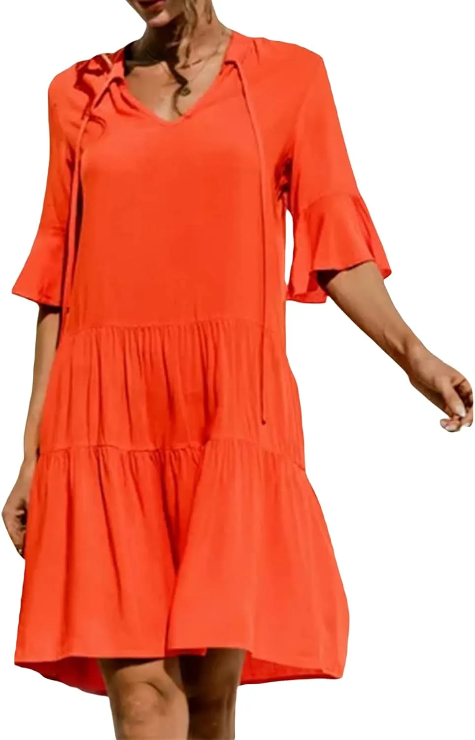Womens Boho Summer Dresses Flowy Midi Dress Floral Ruffle Mid Sleeve Tiered Beach Casual Sundresses