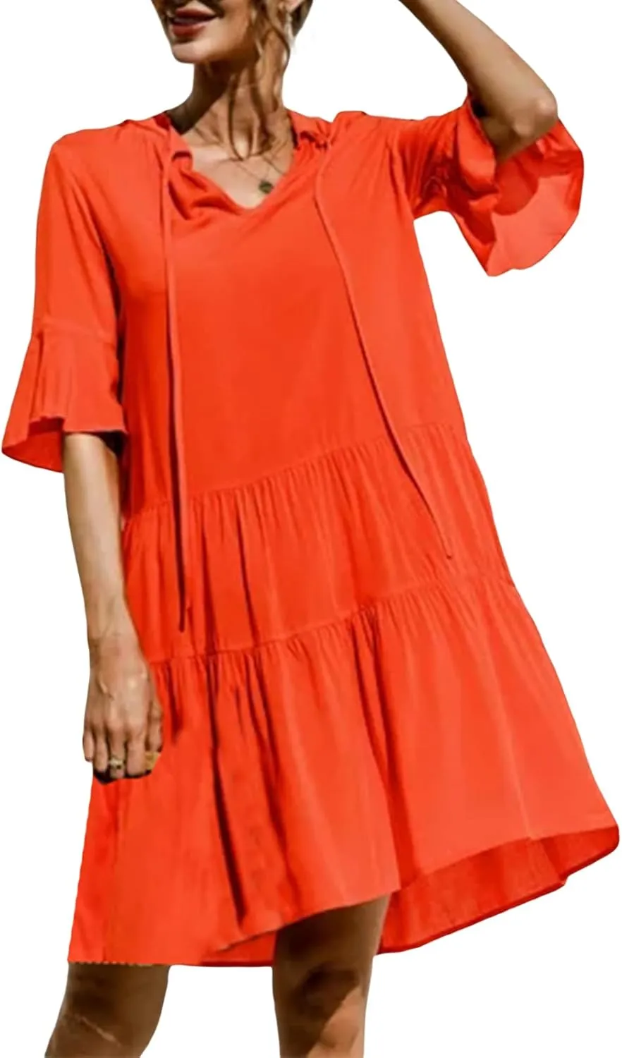 Womens Boho Summer Dresses Flowy Midi Dress Floral Ruffle Mid Sleeve Tiered Beach Casual Sundresses