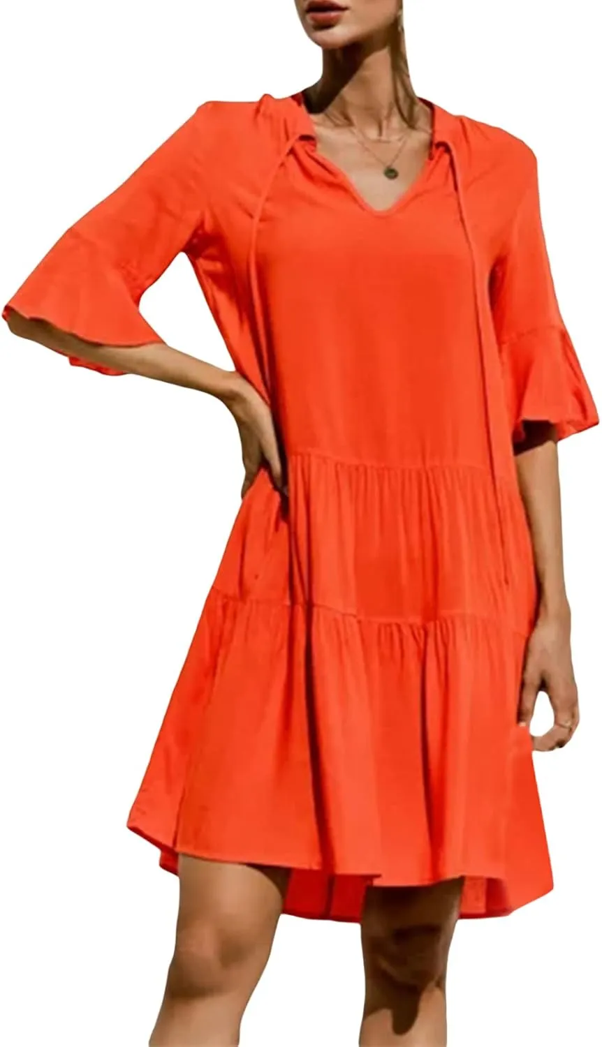 Womens Boho Summer Dresses Flowy Midi Dress Floral Ruffle Mid Sleeve Tiered Beach Casual Sundresses