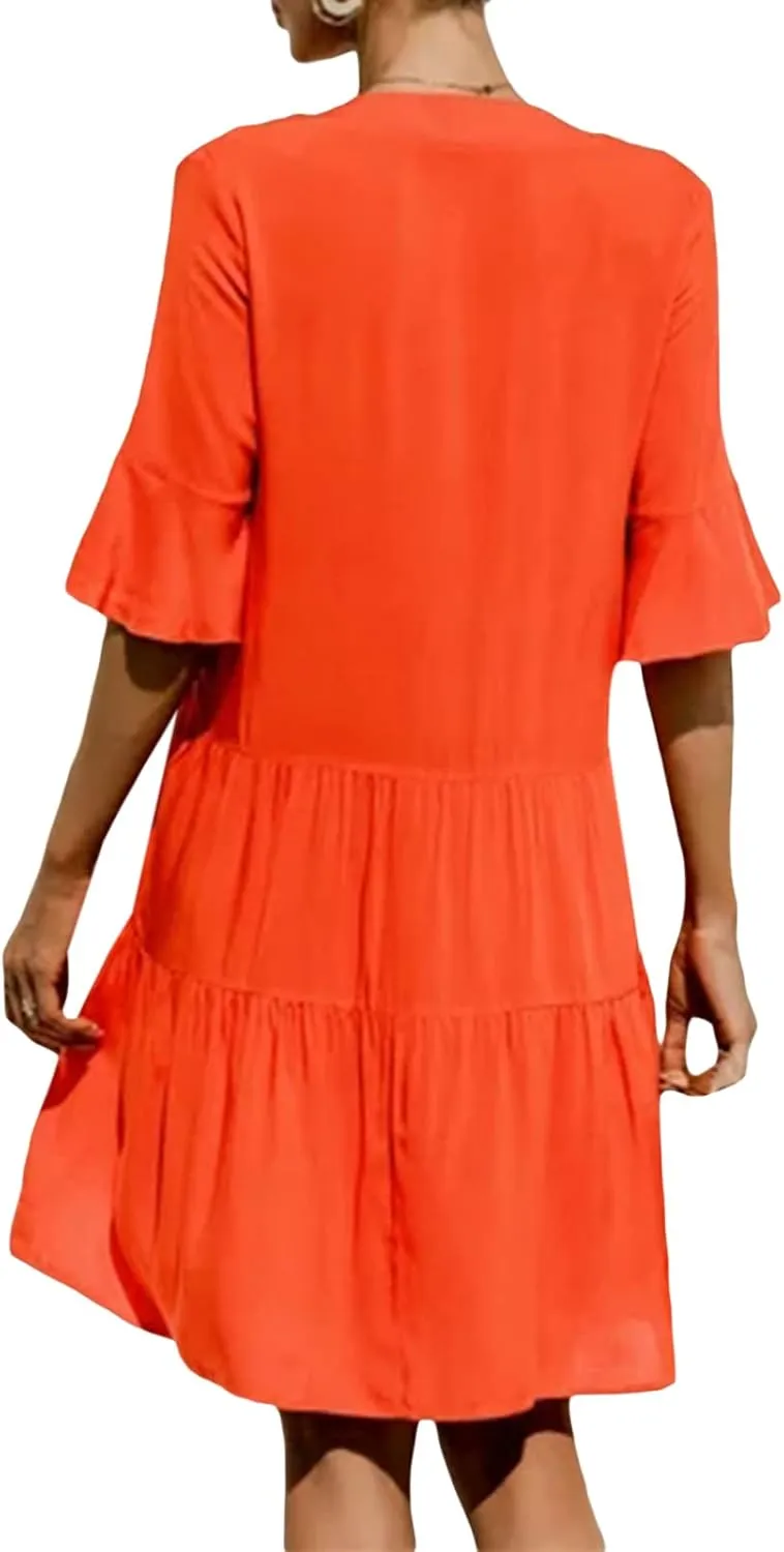 Womens Boho Summer Dresses Flowy Midi Dress Floral Ruffle Mid Sleeve Tiered Beach Casual Sundresses