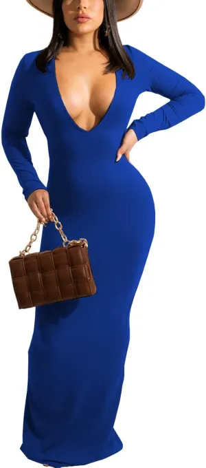 Women's Casual Long Sleeves Bodycon Maxi Dress Plus Size Sexy Deep V Neck Club Night Party Sweater Ribbed Long Dresses