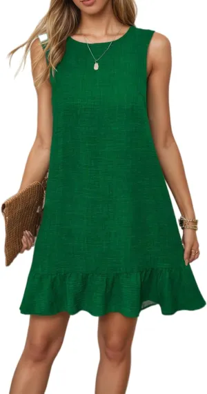 Women's Casual Summer Mini Tank Dress Sleeveless Tie Back Crew Neck Ruffle Hem Dresses Vacation Sundress