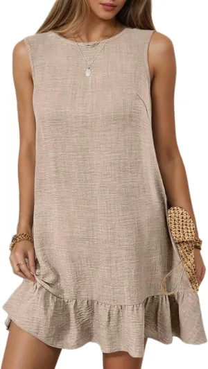 Women's Casual Summer Mini Tank Dress Sleeveless Tie Back Crew Neck Ruffle Hem Dresses Vacation Sundress