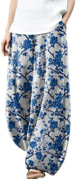 Womens Cotton Linen Wide Leg Pants High Waist Casual Loose Fit Summer Beach Yoga Harem Baggy Hippie Pants