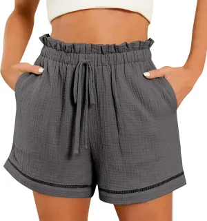 Womens Cotton Shorts Elastic High Waisted Loose Fit Casual Paper Bag Shorts with Pockets Comfy Beach Summer Short Pants 2024