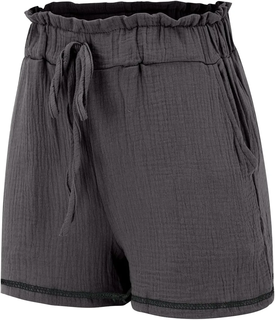 Womens Cotton Shorts Elastic High Waisted Loose Fit Casual Paper Bag Shorts with Pockets Comfy Beach Summer Short Pants 2024