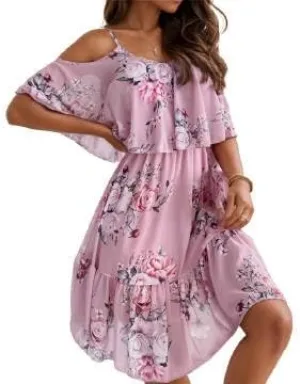 Womens Floral Flowy Mini Spaghetti Straps Off The Shoulder Tiered Dress, Chiffon A-line Ruffle Dresses Short Beach Sundresses