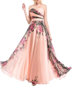 Womens Floral Print Chiffon Long Prom Bridesmaid Dress Evening Gown