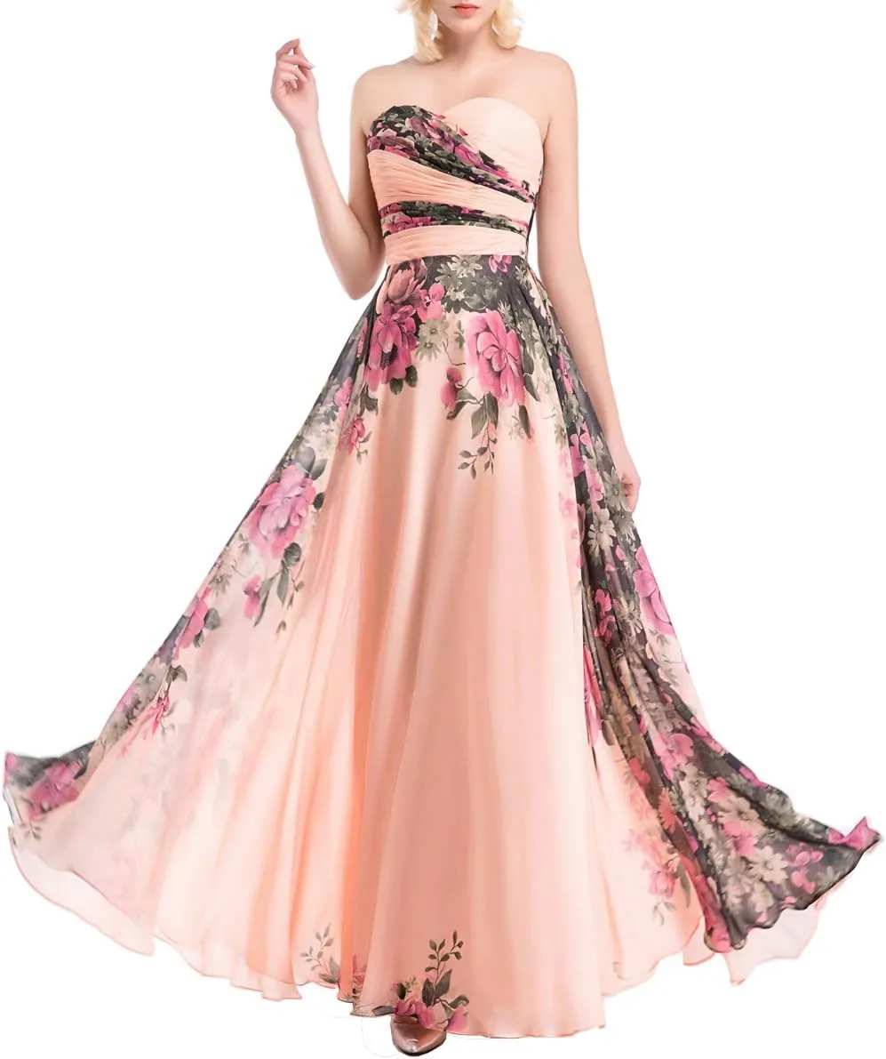 Womens Floral Print Chiffon Long Prom Bridesmaid Dress Evening Gown