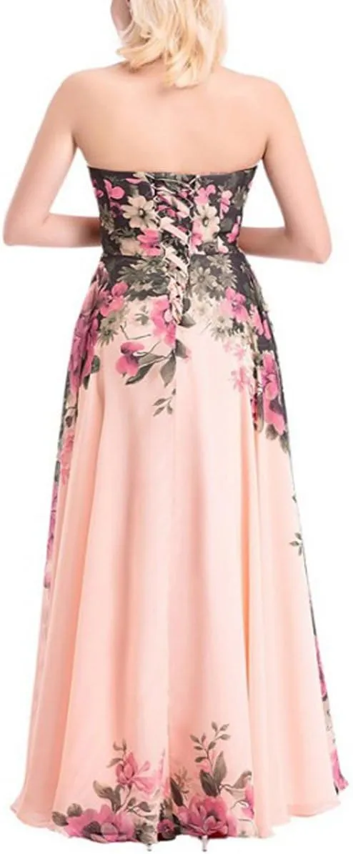 Womens Floral Print Chiffon Long Prom Bridesmaid Dress Evening Gown