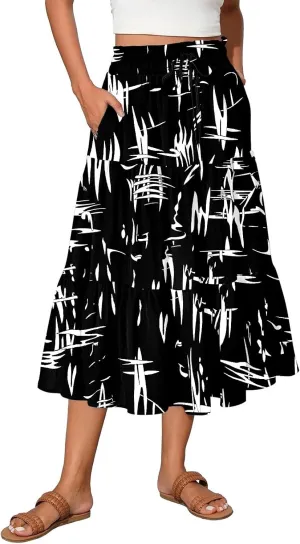 Women's Flowy Midi Skirt Pleated High Stretch Waisted Casual Boho Long Skirts with Pockets, S-2XL