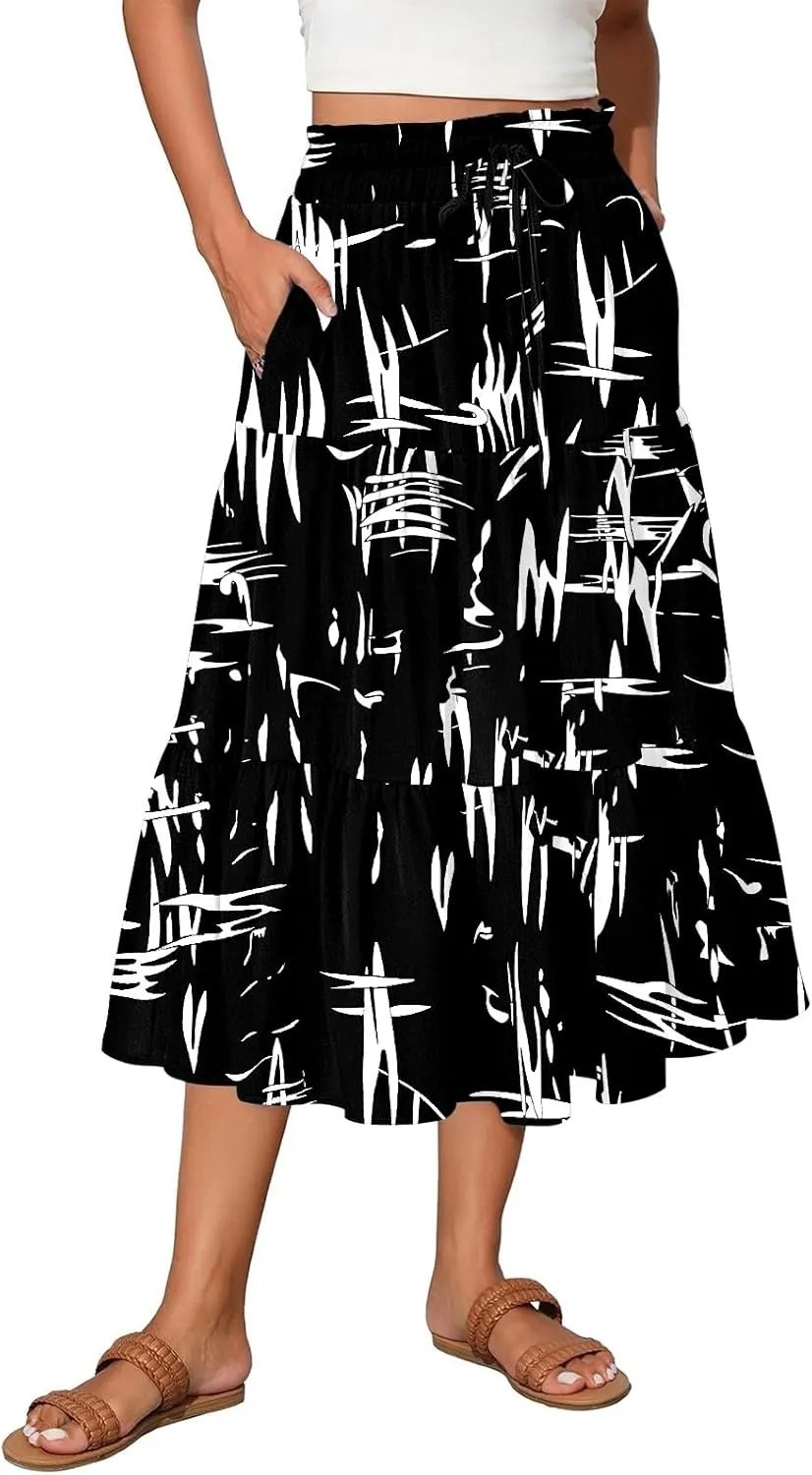 Women's Flowy Midi Skirt Pleated High Stretch Waisted Casual Boho Long Skirts with Pockets, S-2XL