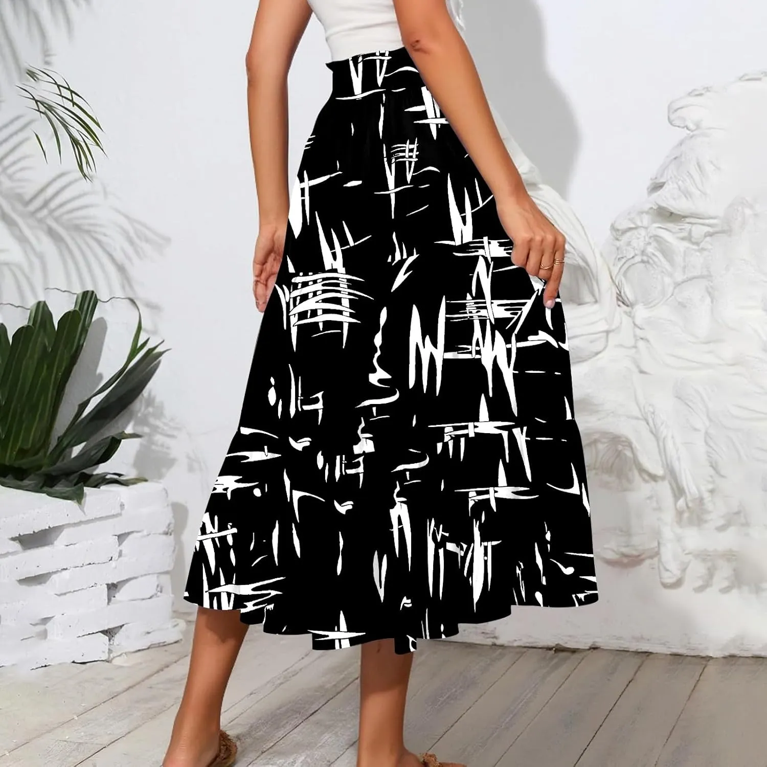 Women's Flowy Midi Skirt Pleated High Stretch Waisted Casual Boho Long Skirts with Pockets, S-2XL