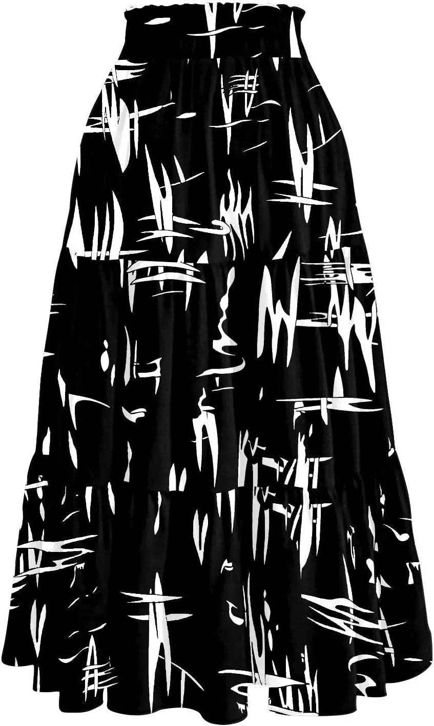 Women's Flowy Midi Skirt Pleated High Stretch Waisted Casual Boho Long Skirts with Pockets, S-2XL