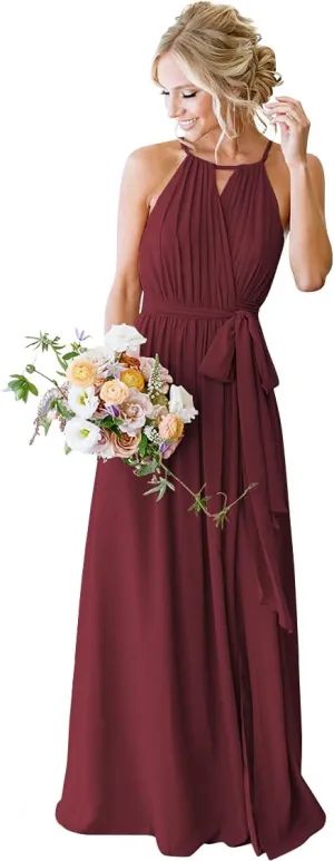 Women's Halter Chiffon Bridesmaid Dresses Long A-Line Pleated Evening Party Gown with Slit for Teens LB012