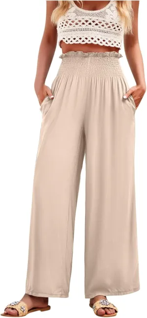 Womens High Waisted Palazzo Pants Casual Ruched Stretchy Flowy Lounge Pants Elastic Waist Loose Trousers with Pockets