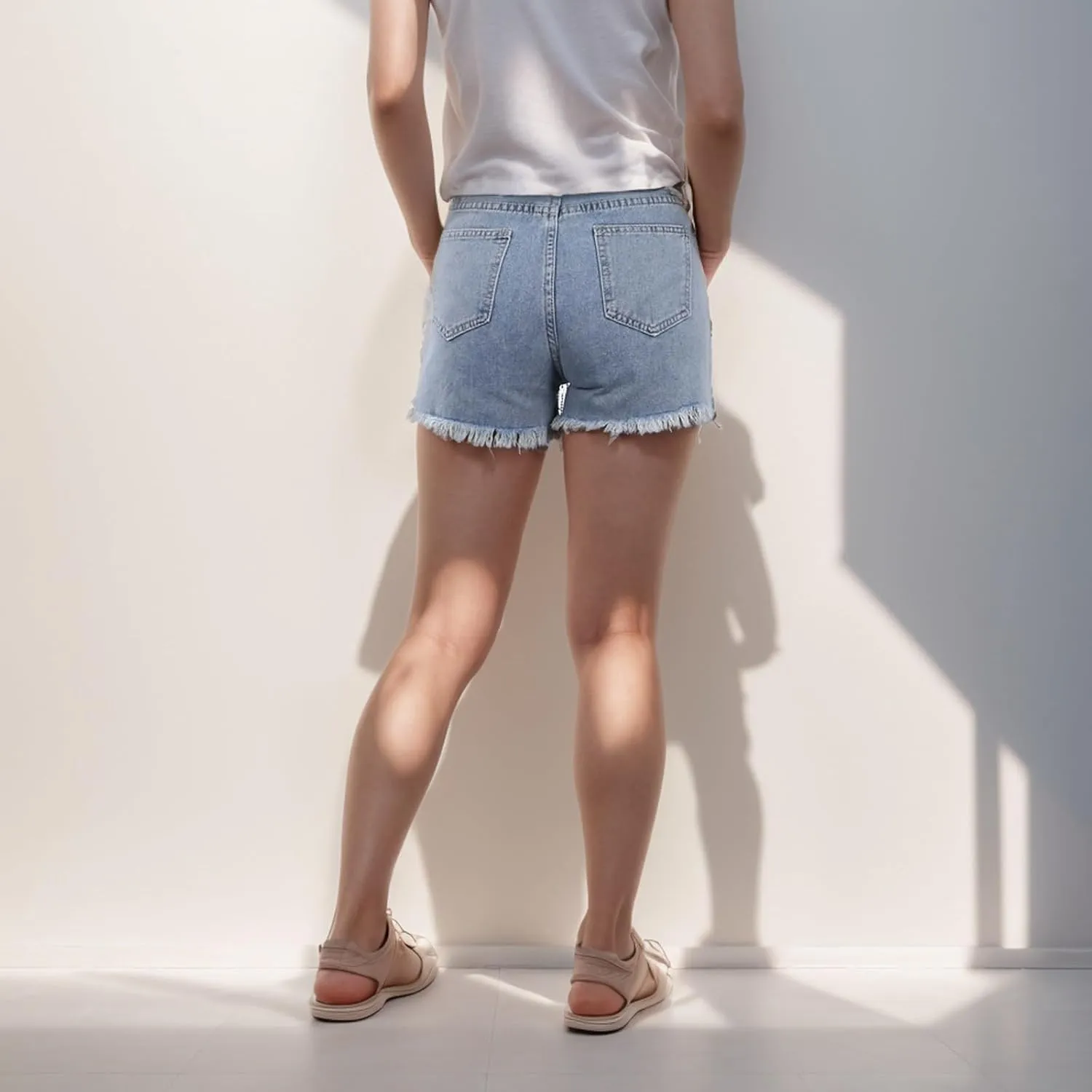 Women's High Waisted Rhinestone Denim Shorts Diamond Fringe Ripped Jean Frayed Raw Hem Tiered Denim Short with Pocket