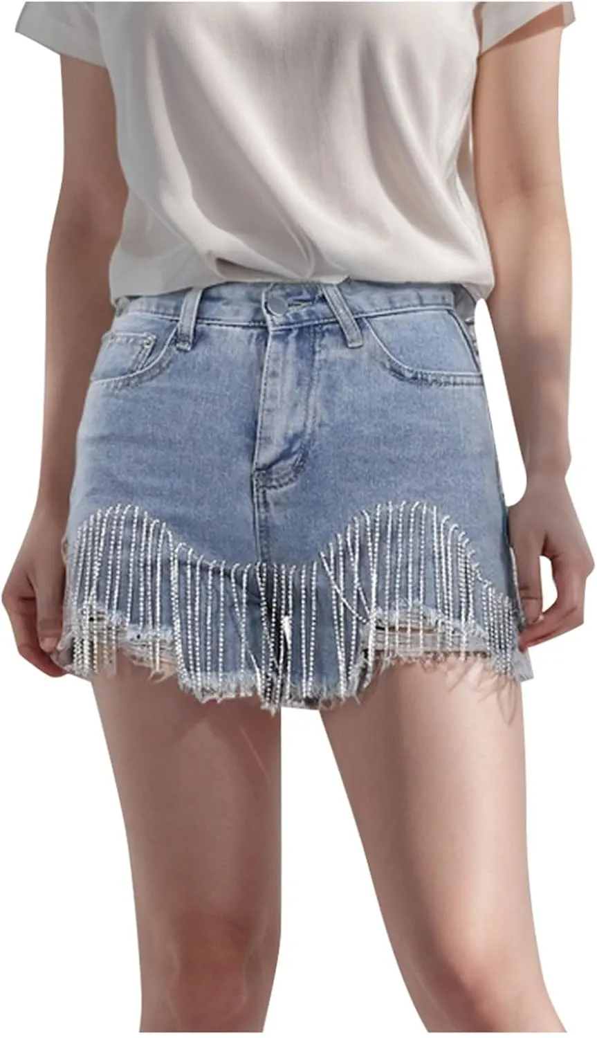 Women's High Waisted Rhinestone Denim Shorts Diamond Fringe Ripped Jean Frayed Raw Hem Tiered Denim Short with Pocket