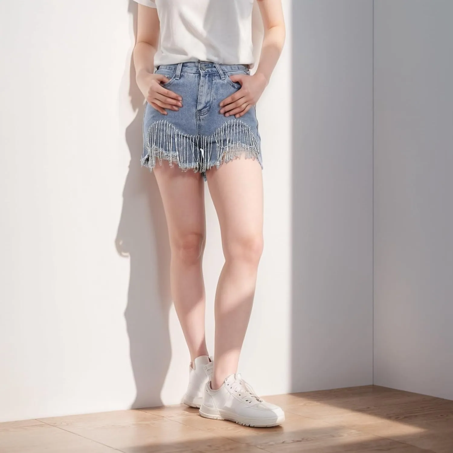 Women's High Waisted Rhinestone Denim Shorts Diamond Fringe Ripped Jean Frayed Raw Hem Tiered Denim Short with Pocket