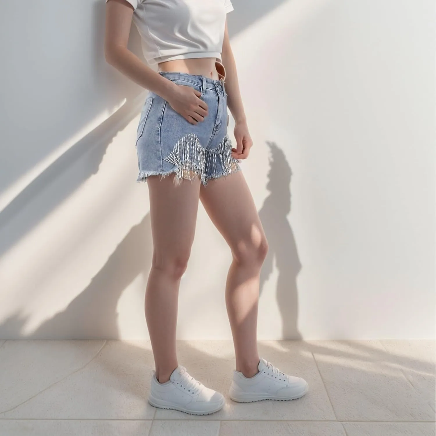 Women's High Waisted Rhinestone Denim Shorts Diamond Fringe Ripped Jean Frayed Raw Hem Tiered Denim Short with Pocket