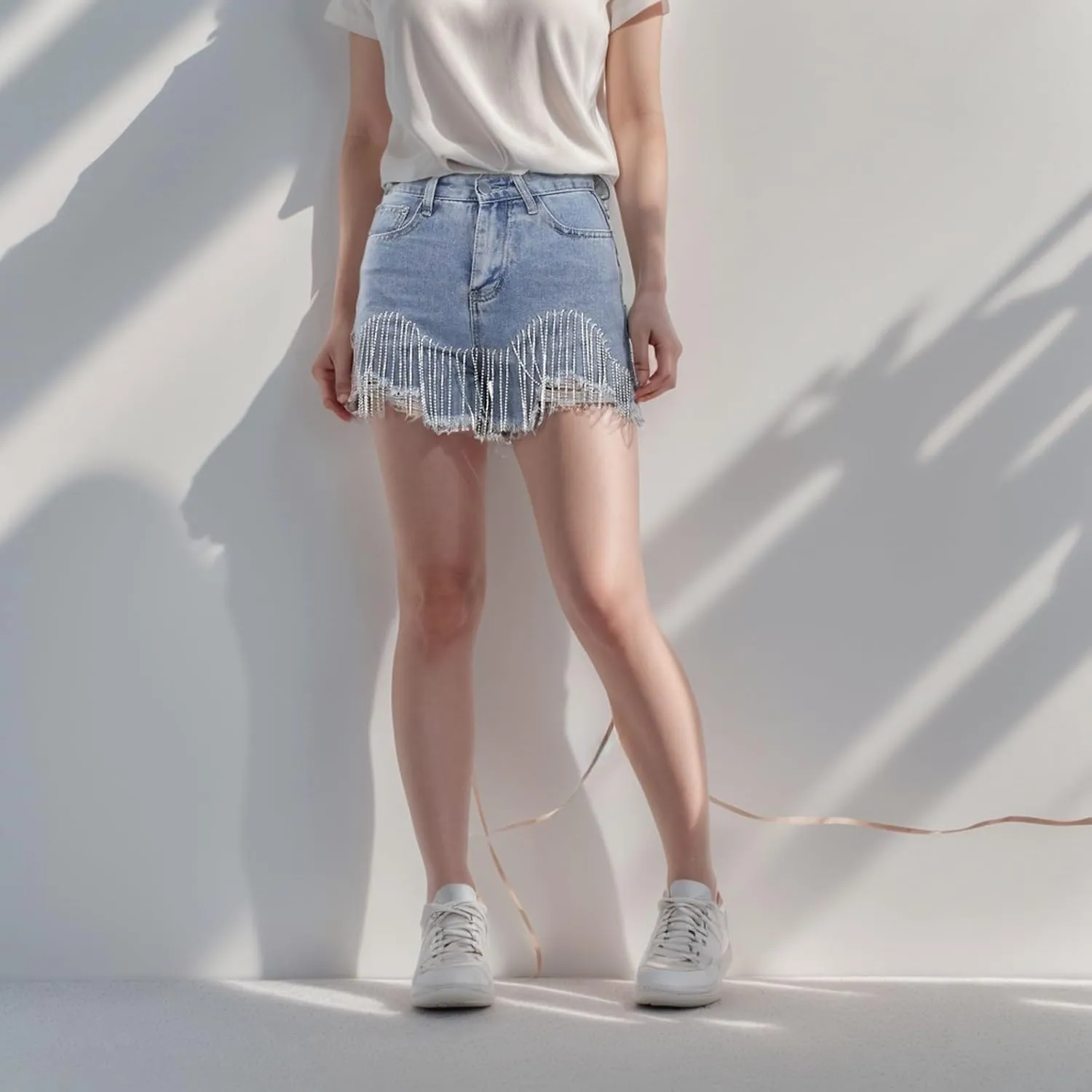 Women's High Waisted Rhinestone Denim Shorts Diamond Fringe Ripped Jean Frayed Raw Hem Tiered Denim Short with Pocket