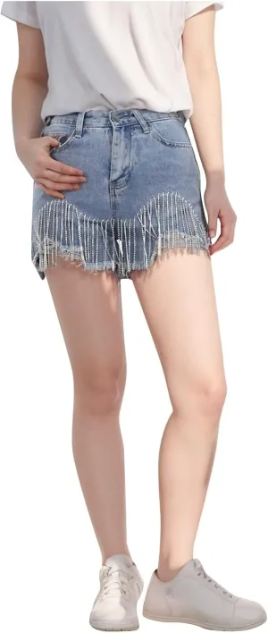 Women's High Waisted Rhinestone Denim Shorts Diamond Fringe Ripped Jean Frayed Raw Hem Tiered Denim Short with Pocket
