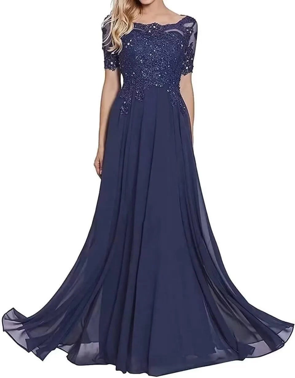 Women's Laces Mother of The Bride Dresses Short Sleeve Chiffon Formal Evening Wedding Gowns