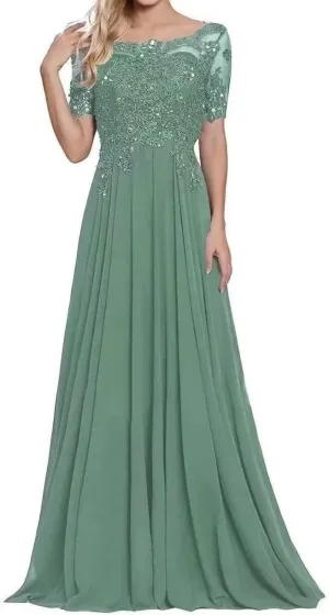Women's Laces Mother of The Bride Dresses Short Sleeve Chiffon Formal Evening Wedding Gowns