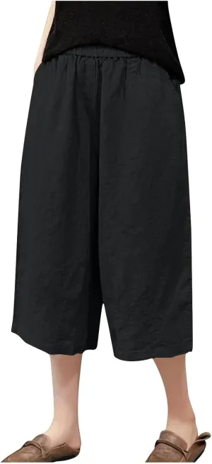 Women's Linen Capri Pants Loose High Waisted Trouser Cropped Casual Wide Leg Drawstring Pants with Pockets 2025